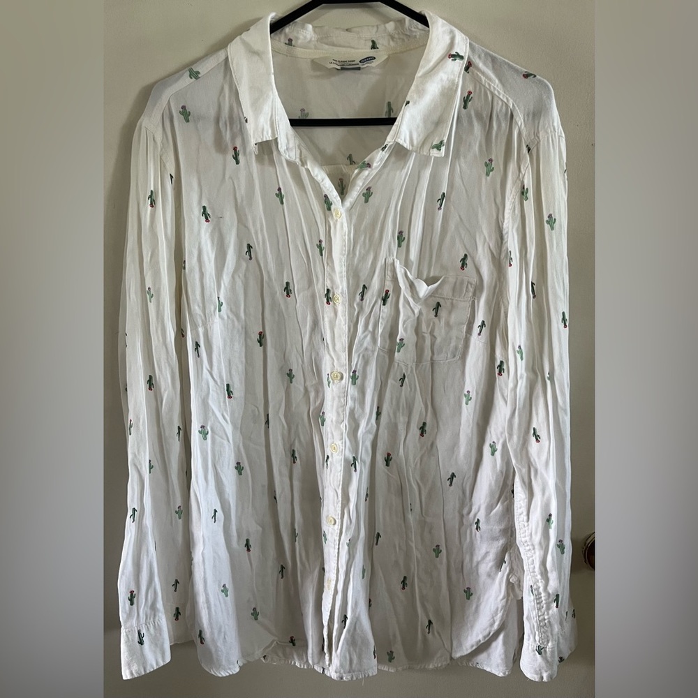 Old Navy White Shirt with Green Cactus Pattern
